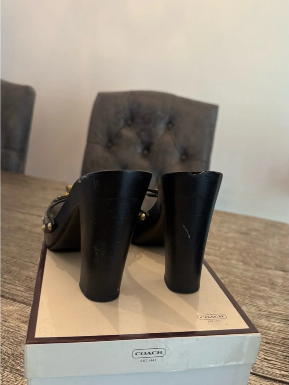 Coach Black Heeled Sandals with Clear Strap and Gold Hardware - Picture 3 of 4